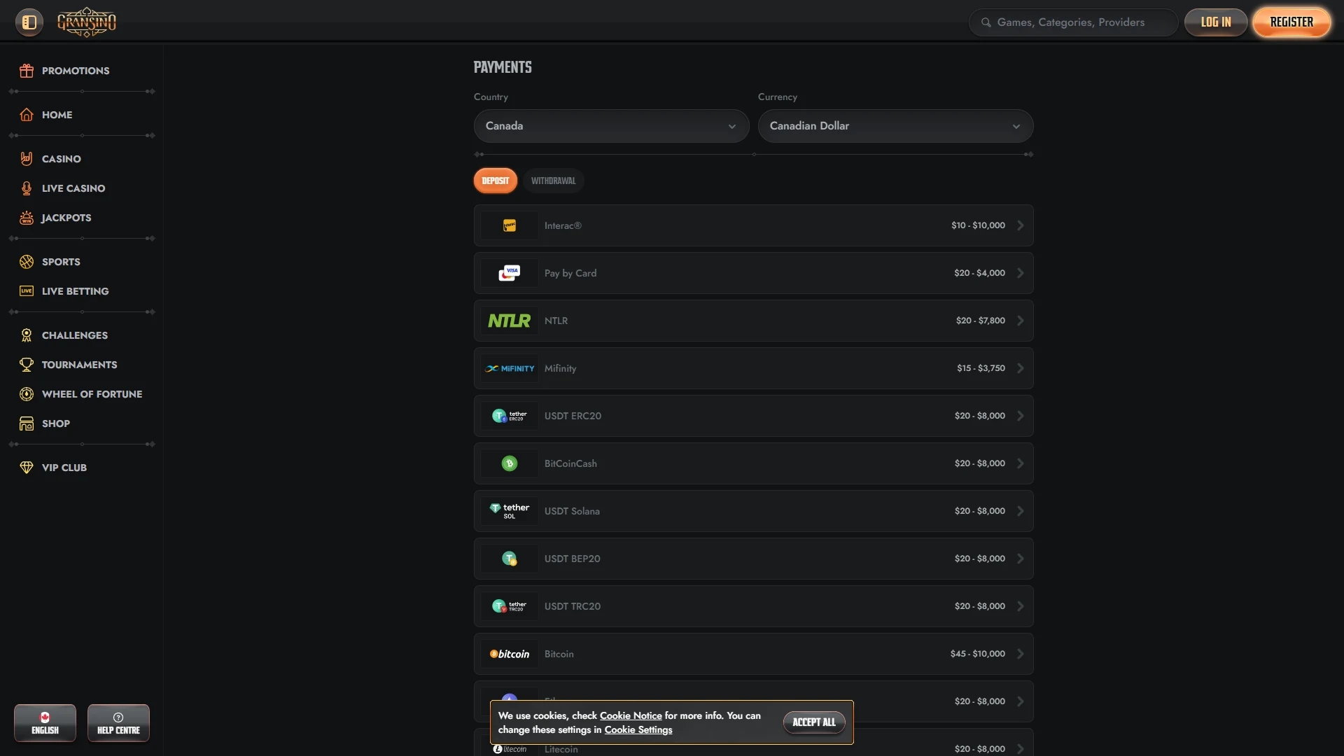 Gransino payment methods